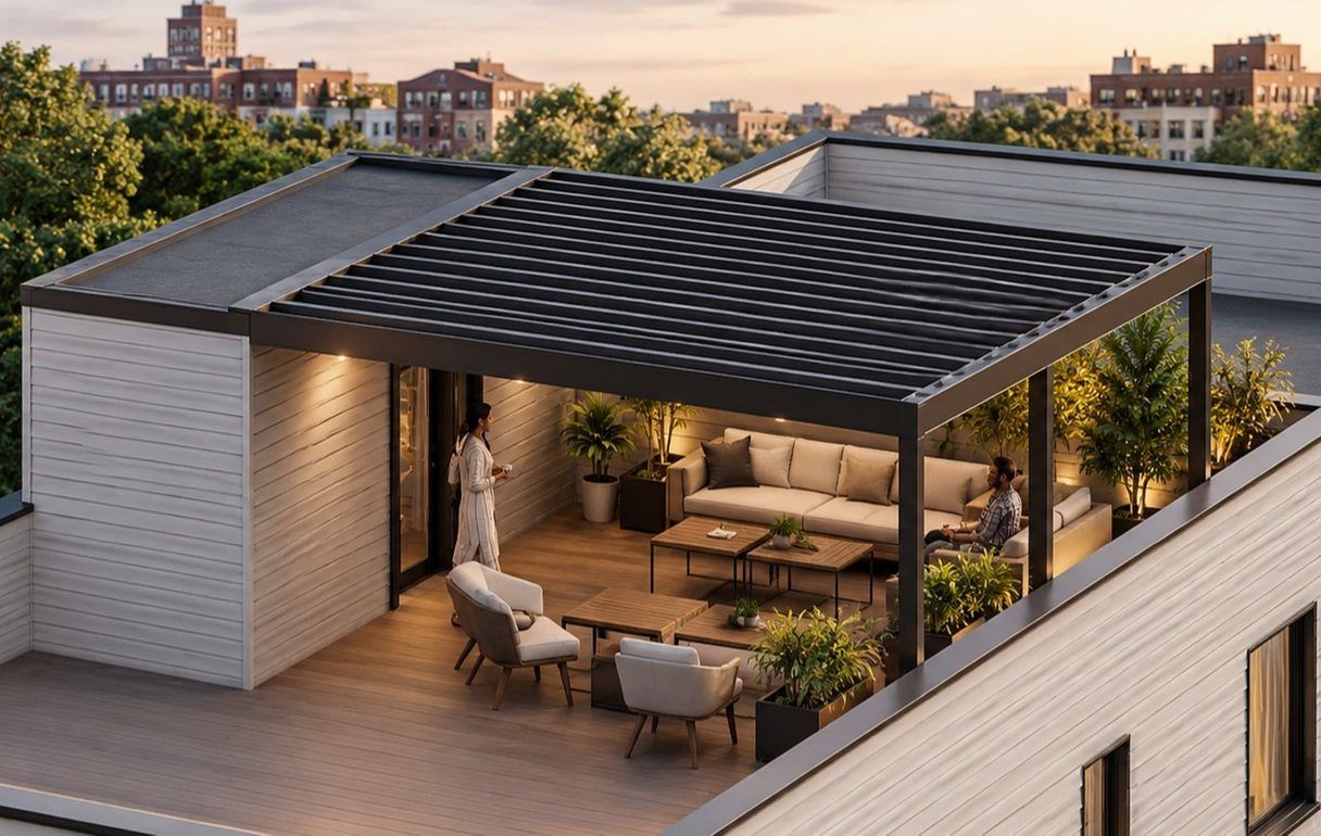 Rendering of the covered rooftop terrace at dusk