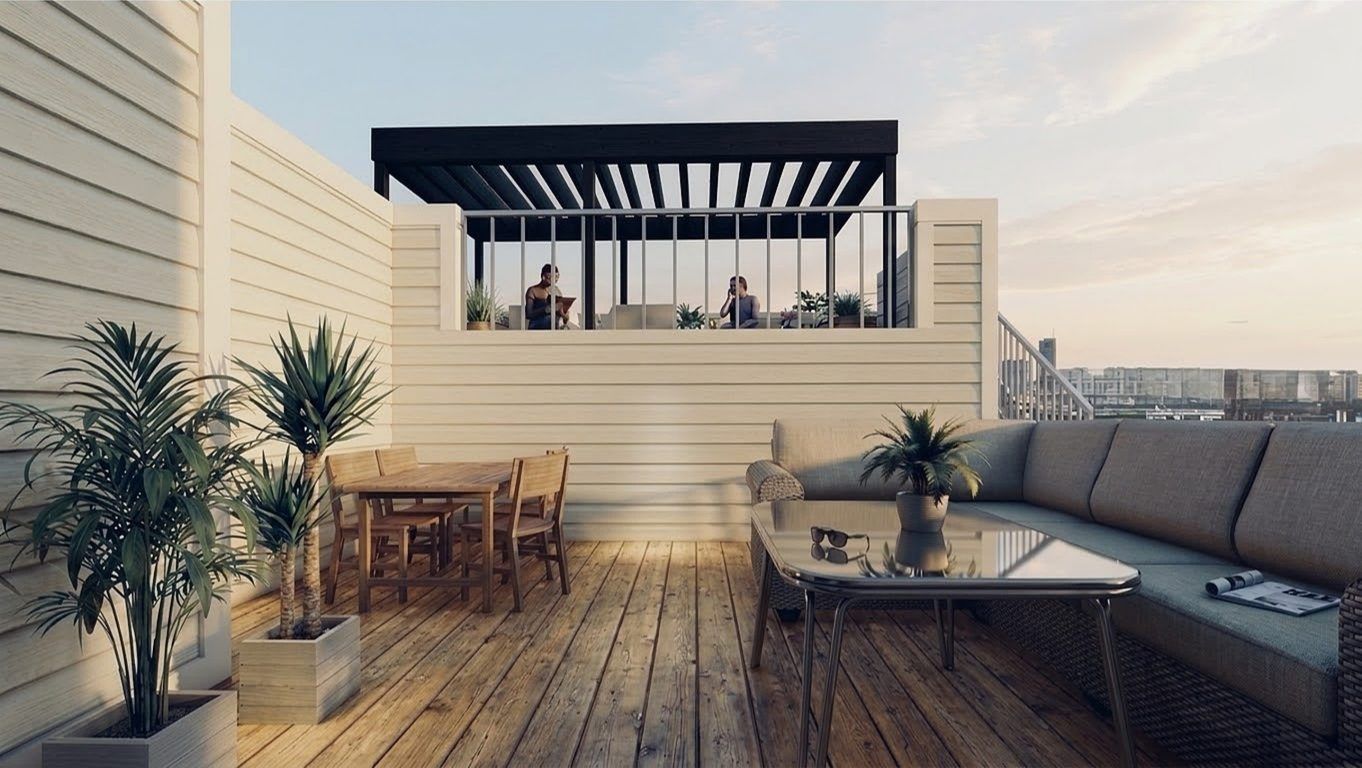 Rendering of an upper deck with dining table and sectional sofa